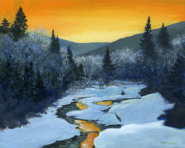 "Winter Sunset" is an 8 by 10 inch oil on panel painting depicting the golden glow of the sun's last rays over a mountain river lined with snowy banks and dark trees.