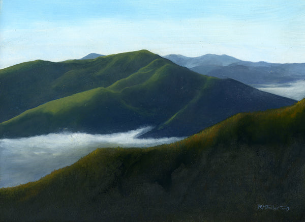 There's nothing quite so magical as camping out in the backcountry, getting up with the sun and hiking out to a high spot. White Mountain art. White Mountain paintings. The White Mountains New Hampshire artist. White Mountains NH landscape oil paintings. New Hampshire artist. Landscape painting artist Rebecca Fullerton