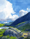 "Alpine Light" is a 16 by 20 inch watercolor and ink painting on paper by Rebecca M. Fullerton, depicting Star Lake, the slopes of Mount Adams, and glimpses of the Presidential Range in the White Mountain National Forest of New Hampshire. Huge white clouds move over blue mountains, green alpine plants and craggy granite boulders on the edge of a mountain pond.