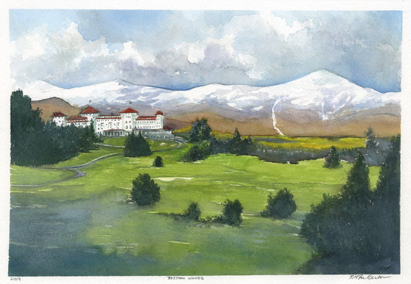 "Bretton Woods" is a 12.5 by 8.5 inch watercolor and ink on paper painting by Rebecca M. Fullerton, depicting the famous Mount Washington Hotel among green fields and early fall hills with the snow-capped Presidential Range behind it. Found in the White Mountains of New Hampshire.
