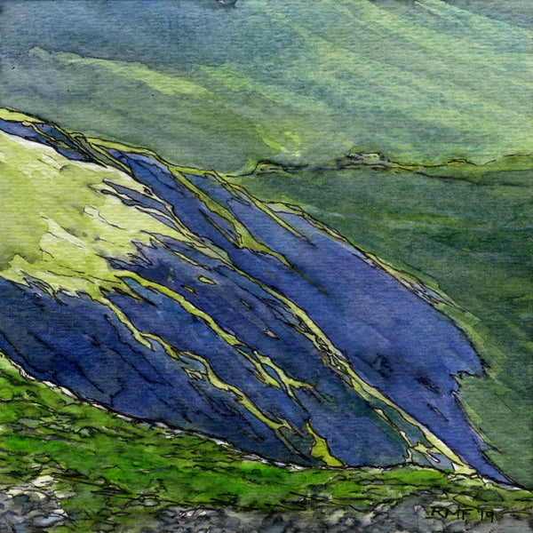 "Crag Shadows" is a 4.75 by 4.75 inch watercolor and ink painting on paper by Rebecca M. Fullerton. It depicts deep purple-blue shadows in a mountain ravine, with bright green slopes surrounding it.