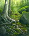 Step into this lush oil painting of the Appalachian Trail's "Green Tunnel," where a verdant canopy and moss-clad rocks envelop hikers in nature's embrace. This 8x10 inch framed oil on panel painting is signed by the artist and wired and ready to hang, bringing the beauty of the trail to your home.