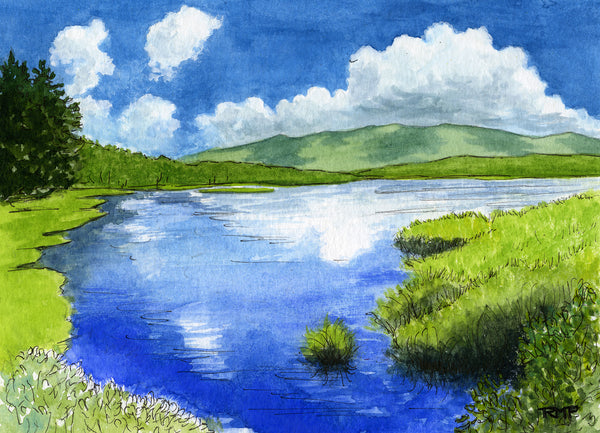"Pondicherry Summer" is a 5 by 7 inch watercolor and ink painting by White Mountains artist Rebecca M. Fullerton, depicting Cherry Pond with Mount Martha beyond on a gorgeous summer day.