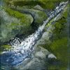 I painted this diminutive waterfall after seeing ever so many of them along the White Mountain trails that I often wander. Tiny streams and freshets spring out of the woods all around and tumble sparkling down the mountains here. Every joyful and enchanting, I could not help but put one down in paint.  4 by 4 inch oil on canvas painting framed in a 1.5" deep thick wood frame; signed by the artist; wired and ready to hang.