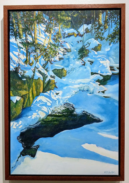 Gibbs Brook, 20 by 30 original oil on canvas landscape painting by Rebecca M. Fullerton, Artist. A winter scene along the Crawford Path, White Mountain National Forest, New Hampshire.