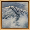 A scenic oil painting of a mountain range with trees and a sky background, titled 'Carter Notch Light'.