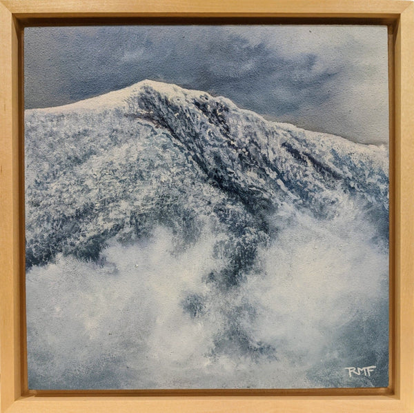 A scenic oil painting of a mountain range with trees and a sky background, titled 'Carter Notch Light'.