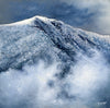 Oil painting of Mount Webster in winter, showing the summit with low clouds, framed in a hardwood float frame.