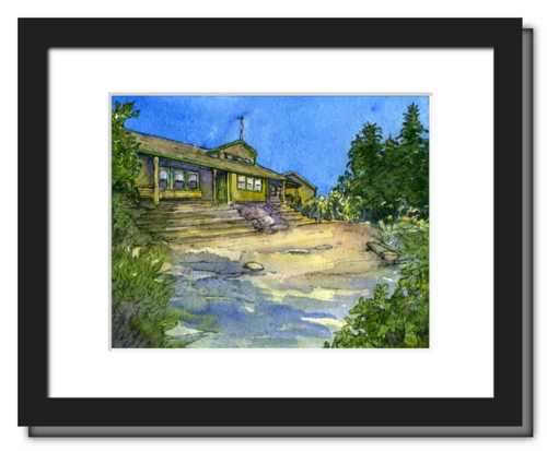 Appalachian Mountain Club Zealand Falls Hut, White Mountain National Forest, White Mountains, New Hampshire. Fine art print of a watercolor painting. Gifts for hikers, backpackers, outdoor enthusiasts and hut fans.