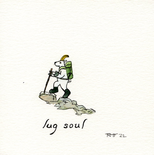 Lug-soled boots and a pack to lug up the mountains.  Approximately 5 x 5 inch watercolor and ink on paper.  Original piece of art (NOT a print or copy).  Handmade with tiny, tiny brushes and Micron pens.  Unframed, unmatted.  Shipped in a plastic sleeve with backing board. Goat Party Place mountain goats.